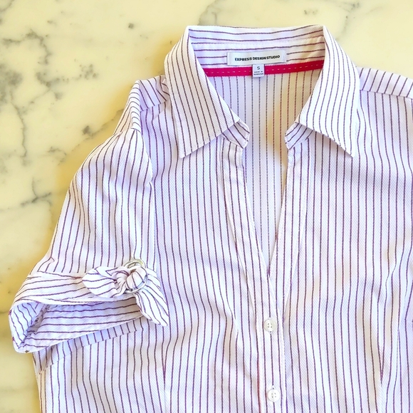 NWOT Express Design Studio Short Sleeve Button Down Stripe Shirt w/chrome decor. - Picture 4 of 5
